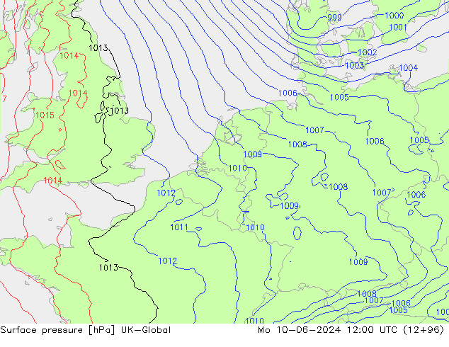 Pressione al suolo UK-Global lun 10.06.2024 12 UTC