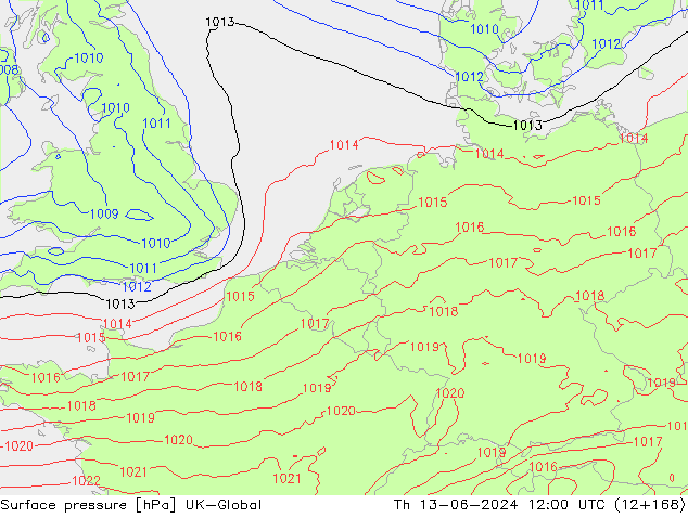 Surface pressure UK-Global Th 13.06.2024 12 UTC