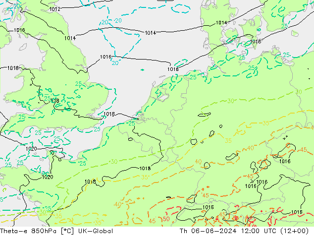 Theta-e 850hPa UK-Global  06.06.2024 12 UTC