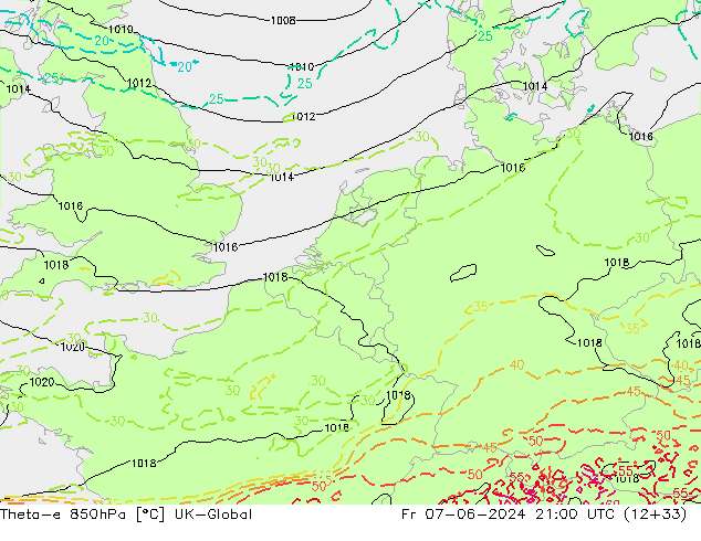 Theta-e 850гПа UK-Global пт 07.06.2024 21 UTC