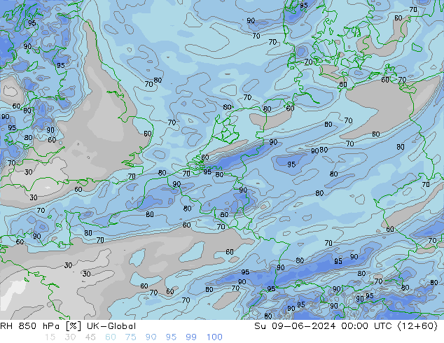 Humidité rel. 850 hPa UK-Global dim 09.06.2024 00 UTC