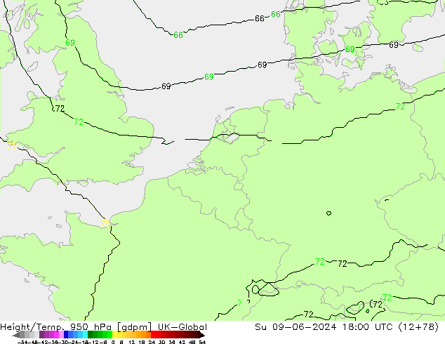 Yükseklik/Sıc. 950 hPa UK-Global Paz 09.06.2024 18 UTC