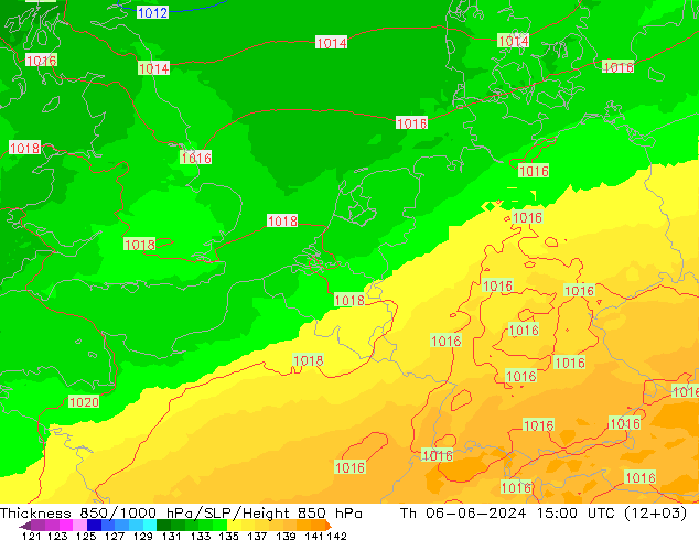 Espesor 850-1000 hPa UK-Global jue 06.06.2024 15 UTC