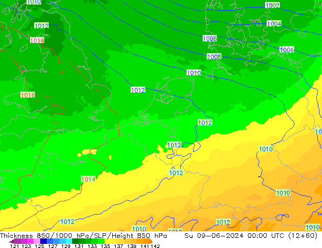 Thck 850-1000 hPa UK-Global dim 09.06.2024 00 UTC