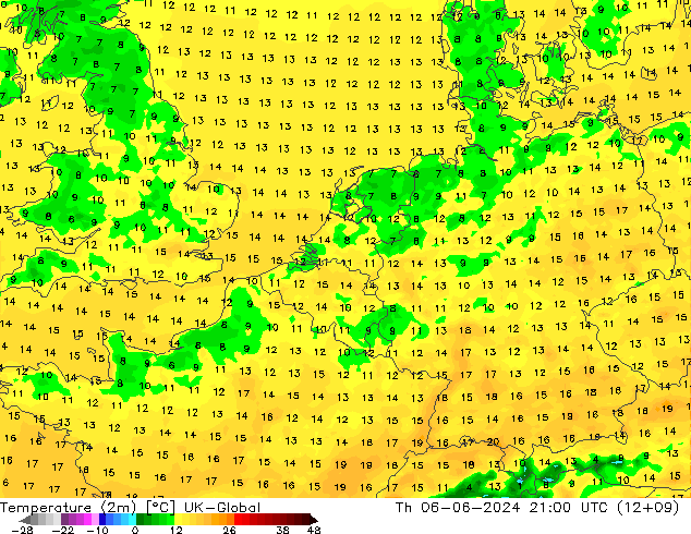 Temperatura (2m) UK-Global gio 06.06.2024 21 UTC