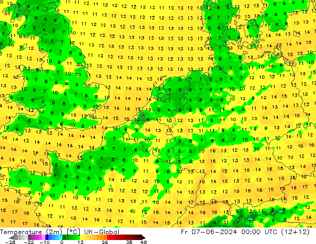 Temperature (2m) UK-Global Fr 07.06.2024 00 UTC