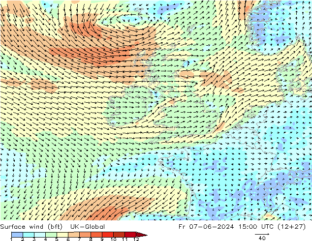 Wind 10 m (bft) UK-Global vr 07.06.2024 15 UTC