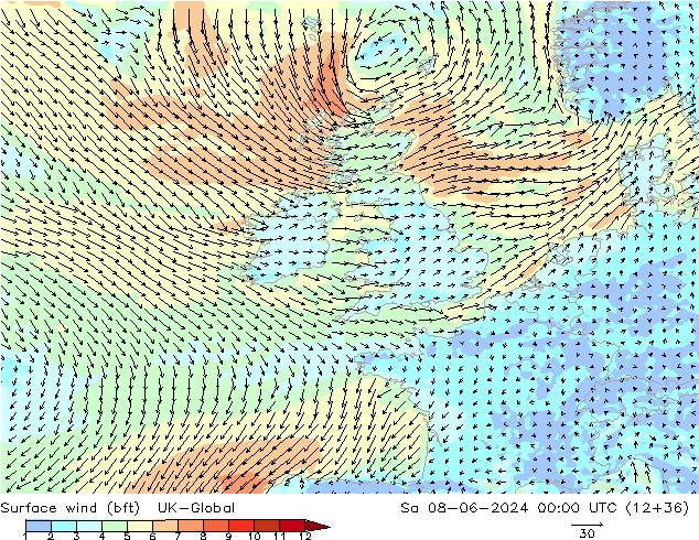 Wind 10 m (bft) UK-Global za 08.06.2024 00 UTC