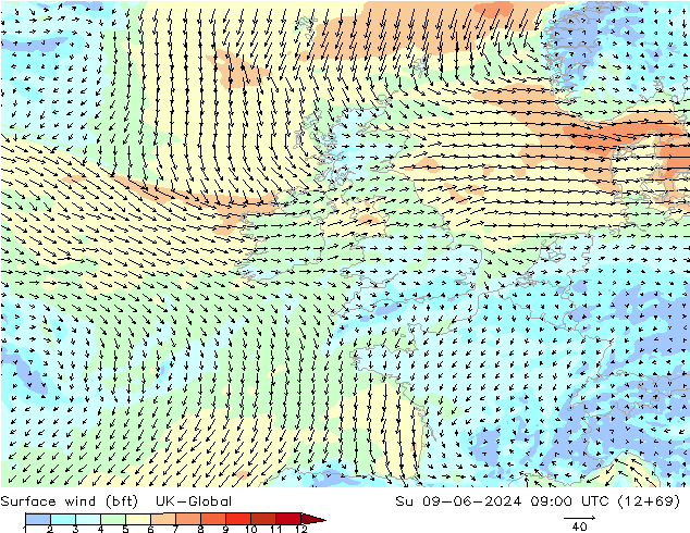 Surface wind (bft) UK-Global Su 09.06.2024 09 UTC