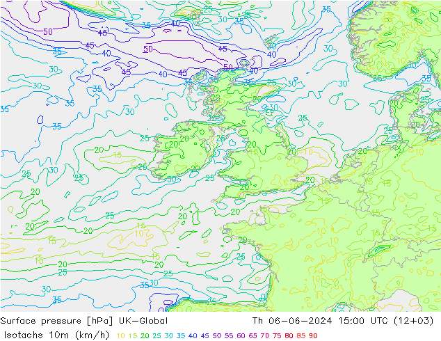 Isotachs (kph) UK-Global Čt 06.06.2024 15 UTC