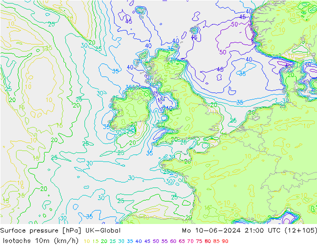 Isotachs (kph) UK-Global lun 10.06.2024 21 UTC