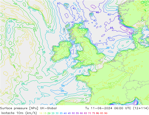 Eşrüzgar Hızları (km/sa) UK-Global Sa 11.06.2024 06 UTC