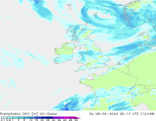 Totale neerslag (6h) UK-Global za 08.06.2024 12 UTC