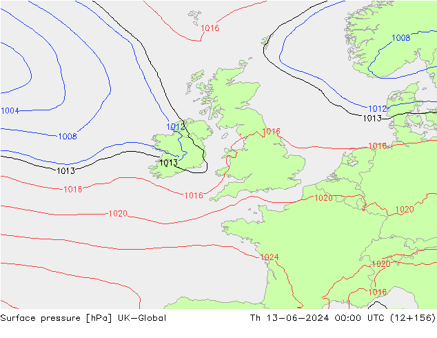 Pressione al suolo UK-Global gio 13.06.2024 00 UTC