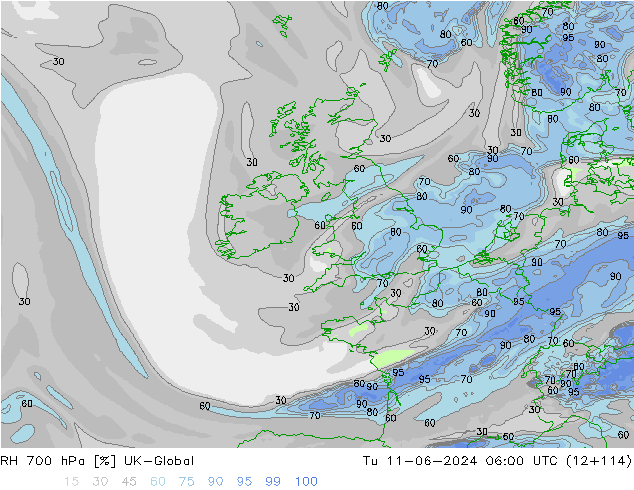 RH 700 hPa UK-Global Út 11.06.2024 06 UTC