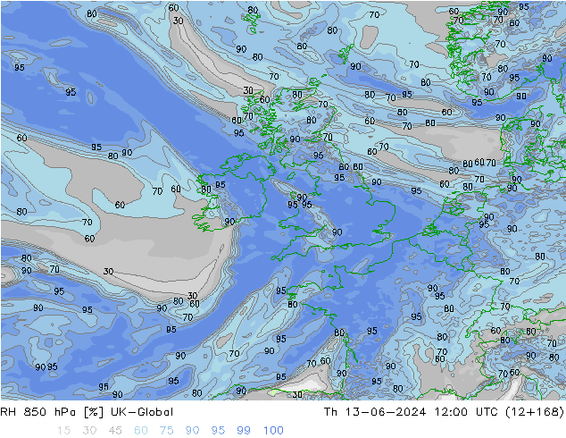 RH 850 гПа UK-Global чт 13.06.2024 12 UTC