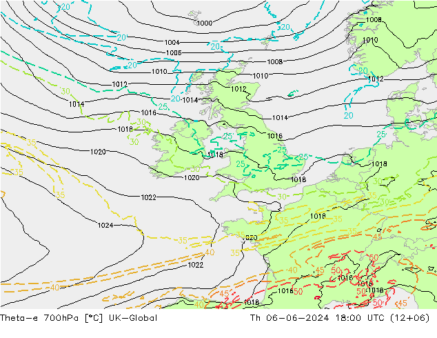 Theta-e 700hPa UK-Global  06.06.2024 18 UTC