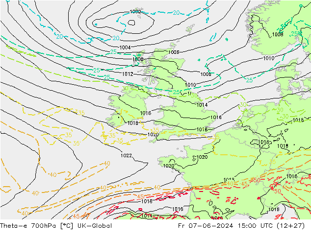 Theta-e 700hPa UK-Global Fr 07.06.2024 15 UTC