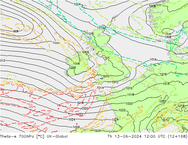 Theta-e 700hPa UK-Global jue 13.06.2024 12 UTC