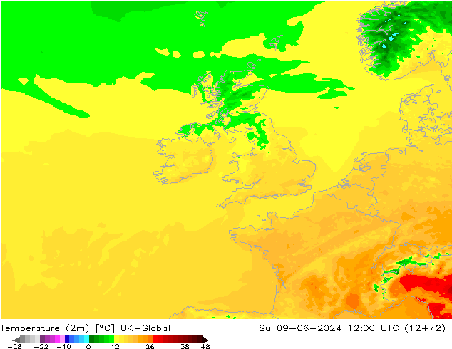 Temperatura (2m) UK-Global dom 09.06.2024 12 UTC