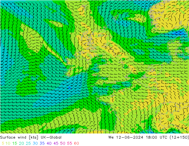 Vent 10 m UK-Global mer 12.06.2024 18 UTC