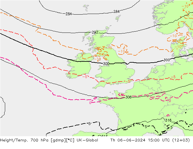 Height/Temp. 700 hPa UK-Global czw. 06.06.2024 15 UTC