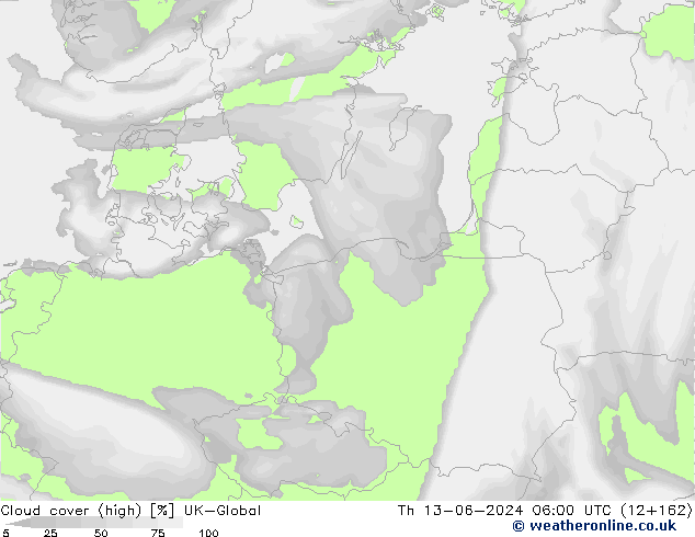 Cloud cover (high) UK-Global Th 13.06.2024 06 UTC