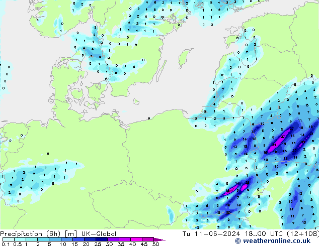 осадки (6h) UK-Global вт 11.06.2024 00 UTC