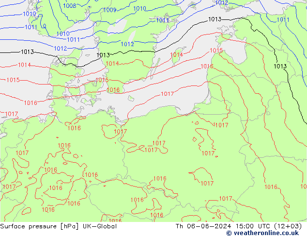 Presión superficial UK-Global jue 06.06.2024 15 UTC