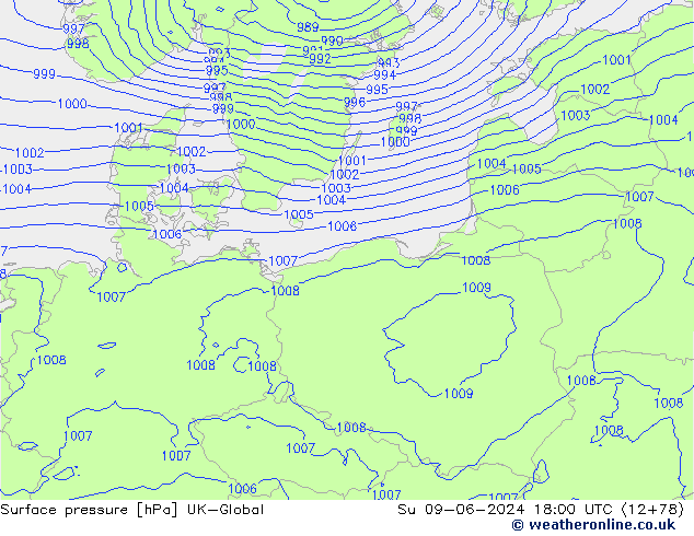 Surface pressure UK-Global Su 09.06.2024 18 UTC