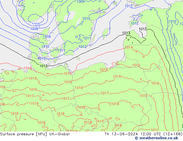 Surface pressure UK-Global Th 13.06.2024 12 UTC