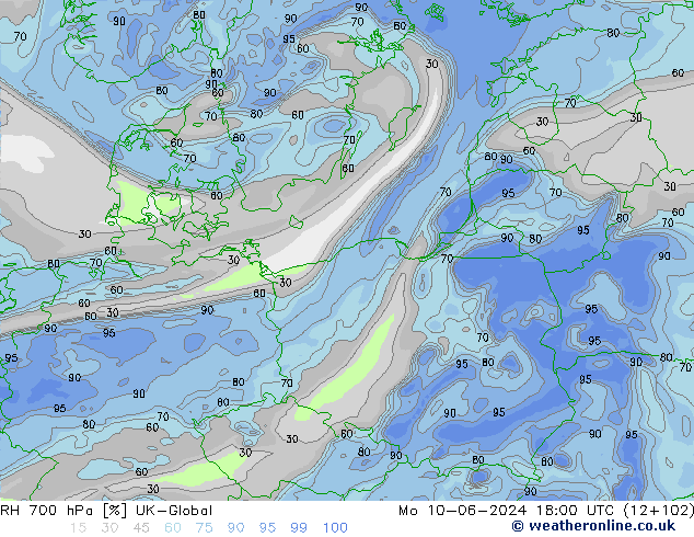 RH 700 гПа UK-Global пн 10.06.2024 18 UTC