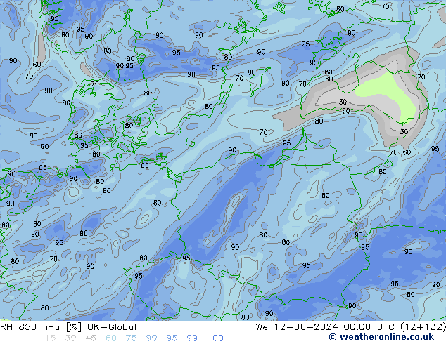 RH 850 гПа UK-Global ср 12.06.2024 00 UTC