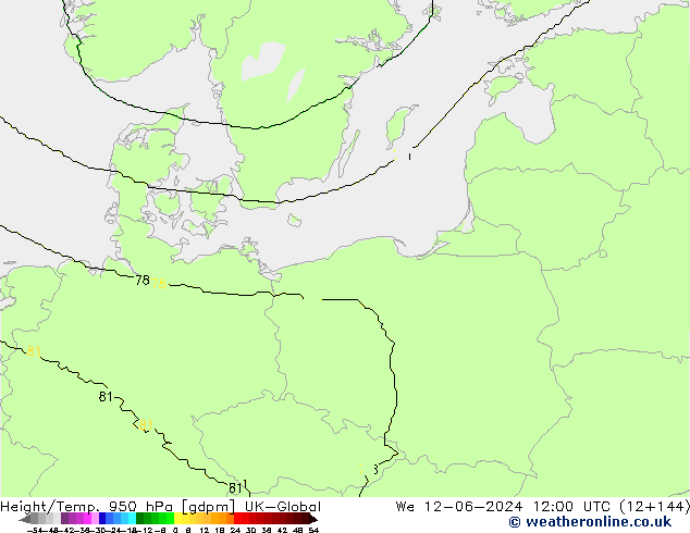 Height/Temp. 950 hPa UK-Global mer 12.06.2024 12 UTC