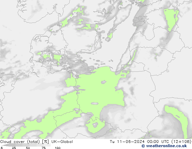 Cloud cover (total) UK-Global Tu 11.06.2024 00 UTC