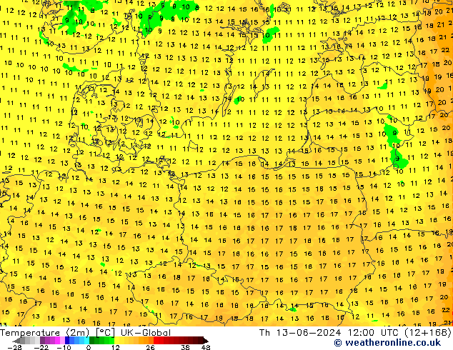 Temperatura (2m) UK-Global jue 13.06.2024 12 UTC