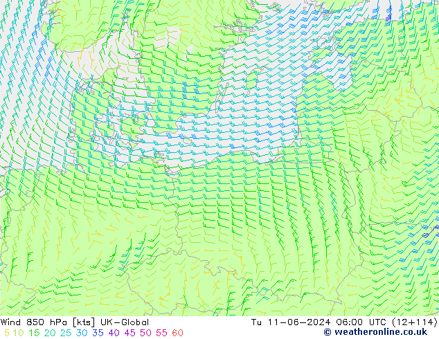 Wind 850 hPa UK-Global di 11.06.2024 06 UTC