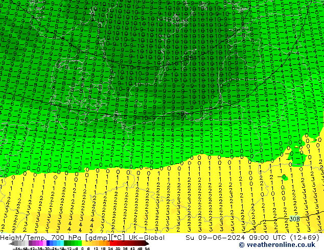 Hoogte/Temp. 700 hPa UK-Global zo 09.06.2024 09 UTC