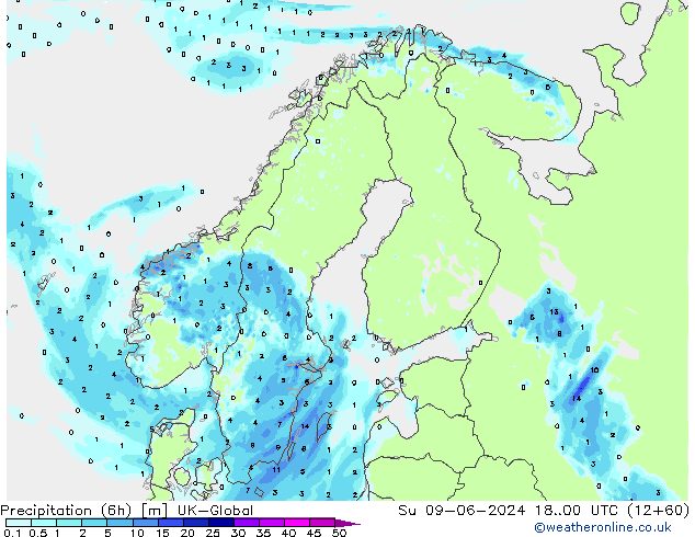 Precipitation (6h) UK-Global Su 09.06.2024 00 UTC