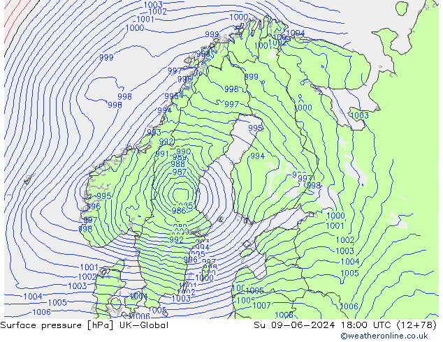 Surface pressure UK-Global Su 09.06.2024 18 UTC