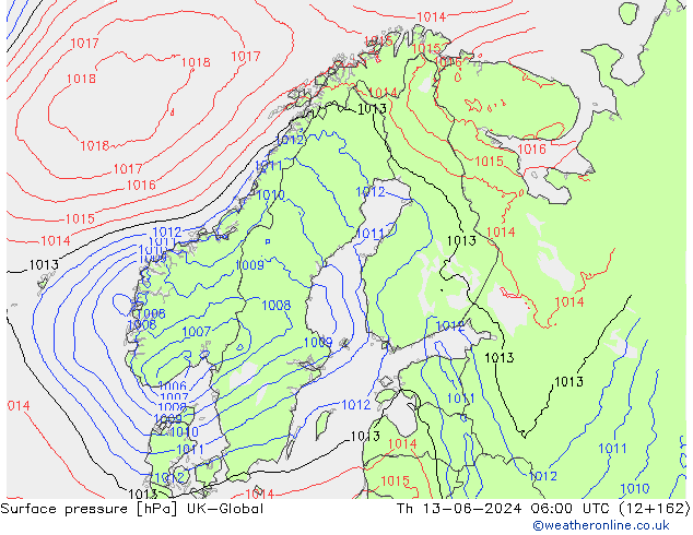 Surface pressure UK-Global Th 13.06.2024 06 UTC