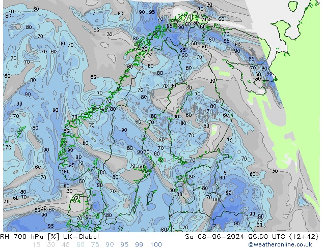 Humedad rel. 700hPa UK-Global sáb 08.06.2024 06 UTC