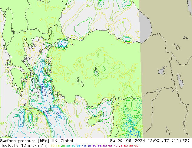 Izotacha (km/godz) UK-Global nie. 09.06.2024 18 UTC