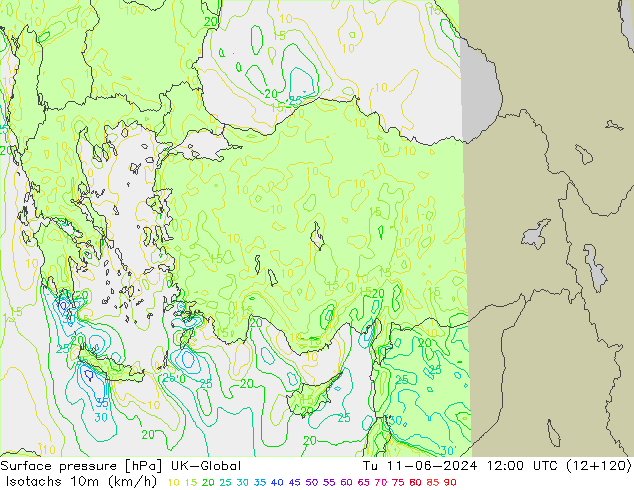 Izotacha (km/godz) UK-Global wto. 11.06.2024 12 UTC