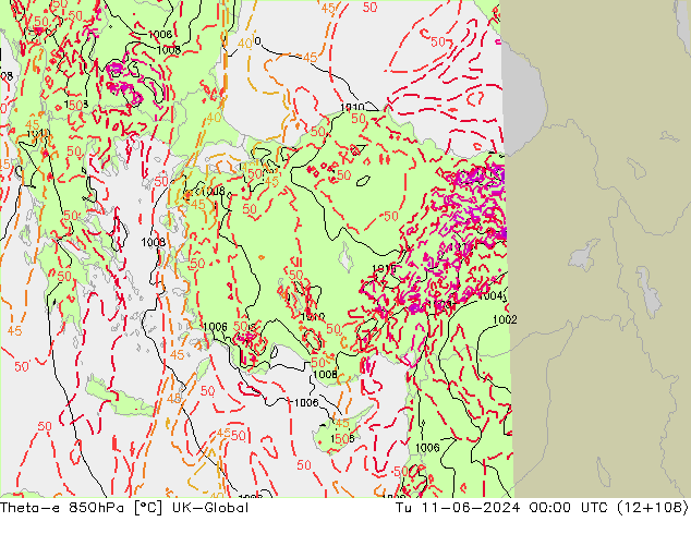 Theta-e 850гПа UK-Global вт 11.06.2024 00 UTC