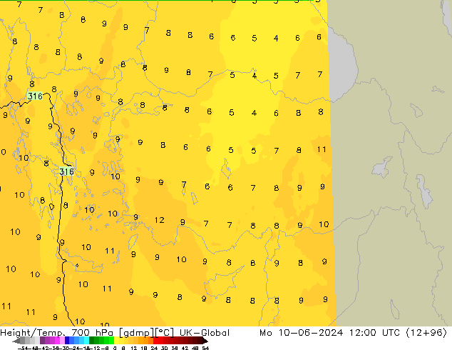 Height/Temp. 700 hPa UK-Global Mo 10.06.2024 12 UTC