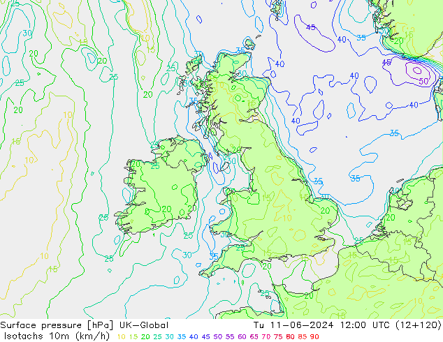 Isotachs (kph) UK-Global Tu 11.06.2024 12 UTC