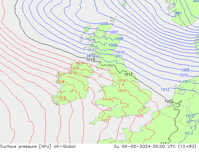 Pressione al suolo UK-Global dom 09.06.2024 00 UTC