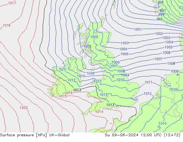 Presión superficial UK-Global dom 09.06.2024 12 UTC