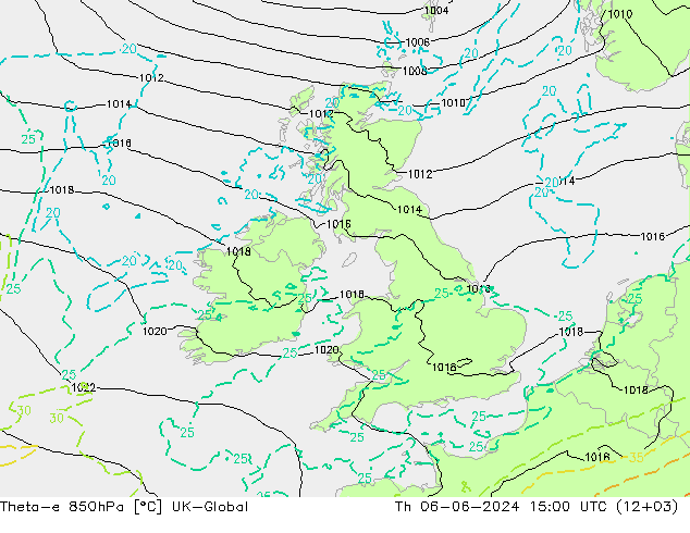 Theta-e 850hPa UK-Global czw. 06.06.2024 15 UTC